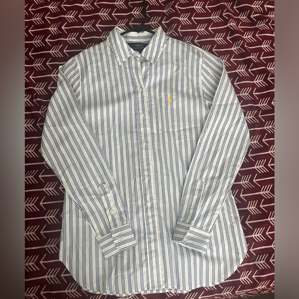 Women’s Ralph Lauren Polo Pinstriped Button Down Shirt | Blue/ White | S